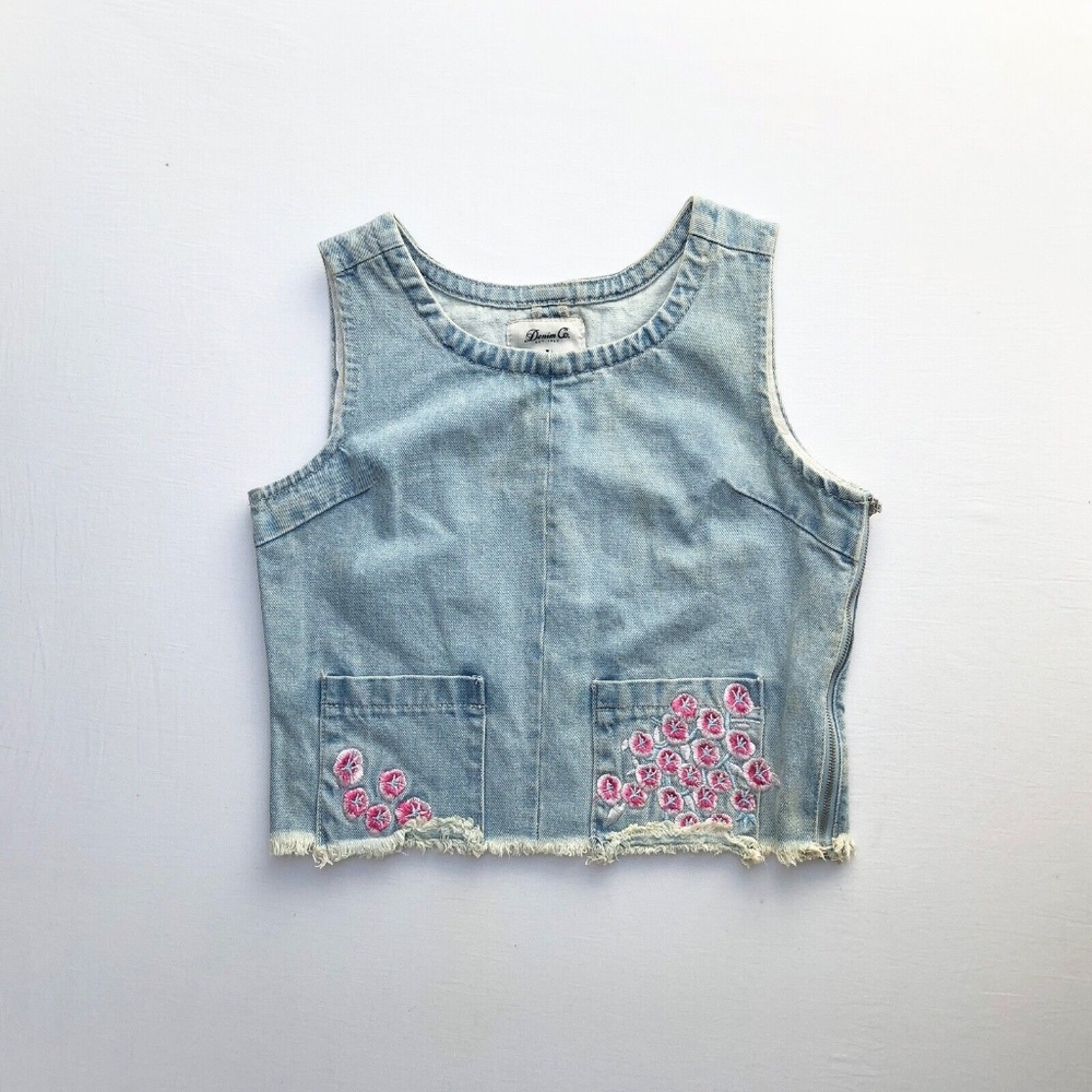 100% Cotton Light Wash Pink Floral Embroidered Zip Raw Hem Denim Vest Top S M 4